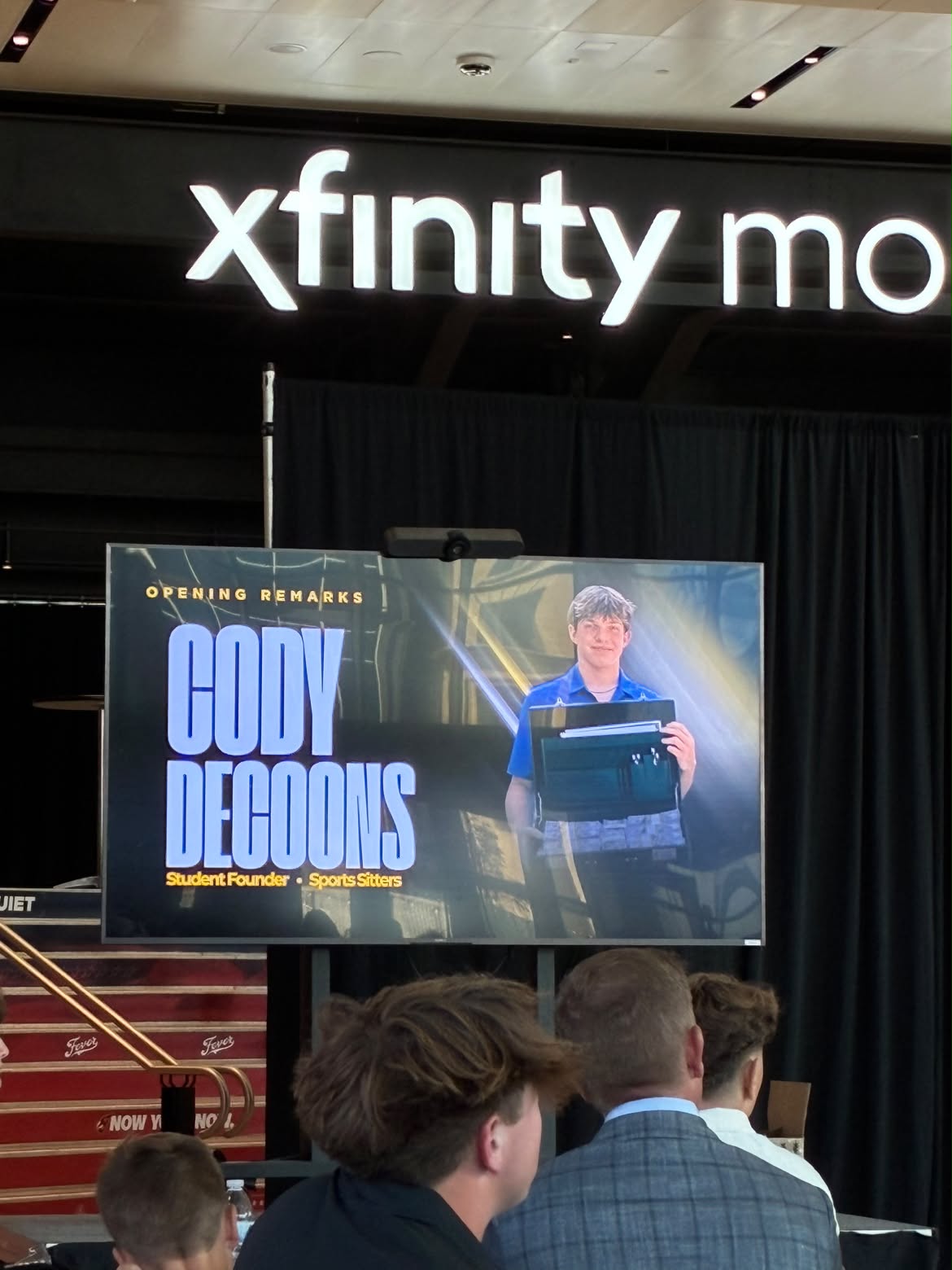 Opening Remarks slide introducing Cody DeCoons, Student Founder of Sports Sitters