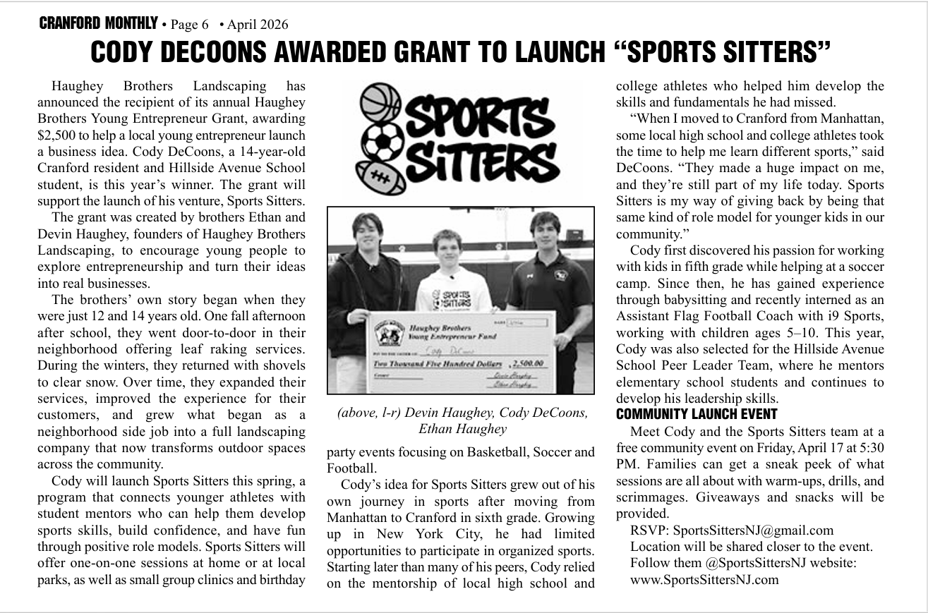 Cranford Monthly April 2026 feature on Sports Sitters NJ