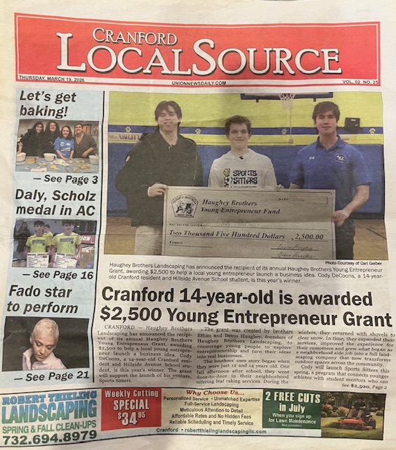Cranford Local Source front page — Cranford 14-year-old is awarded $2,500 Young Entrepreneur Grant